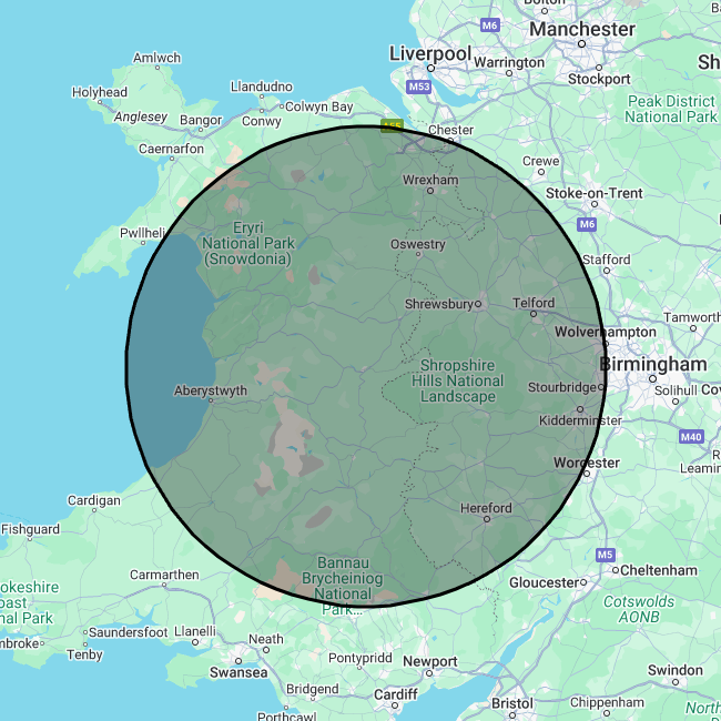 A map displaying a 50 mile radius of Newtown